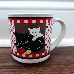 Vintage Black White Cat Mice Red Flowers Coffee Cup Mug Linda Morgan